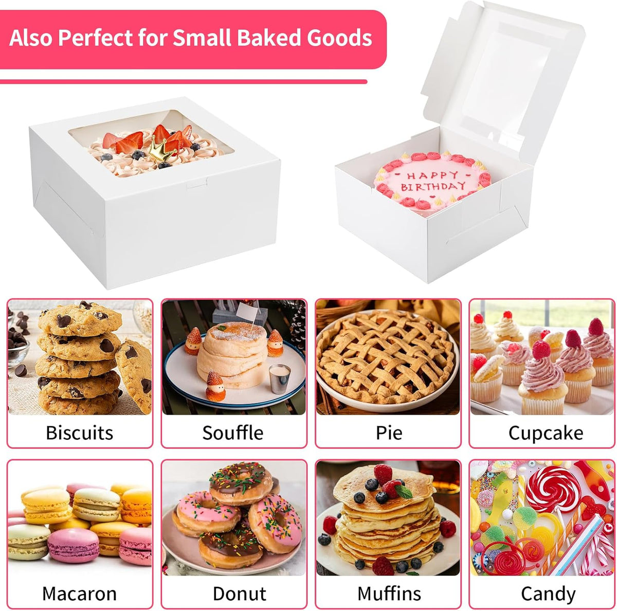 4 Pack Cake Boxes 10 Inch, Disposable Cake Transport Container, White Bakery Boxes with Large Window, for Cookies Pies Cupcakes Pastry (10×10×5 Inches)