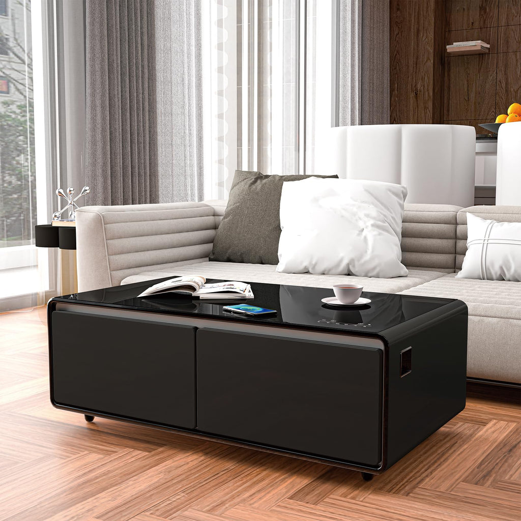 ACCOER 51in Smart Coffee Table with Built in Fridge, Living Room Table Bluetooth Sound and Wireless Charging, Type-C & USB Interface, Temperature Control, Modern Center Table with LED