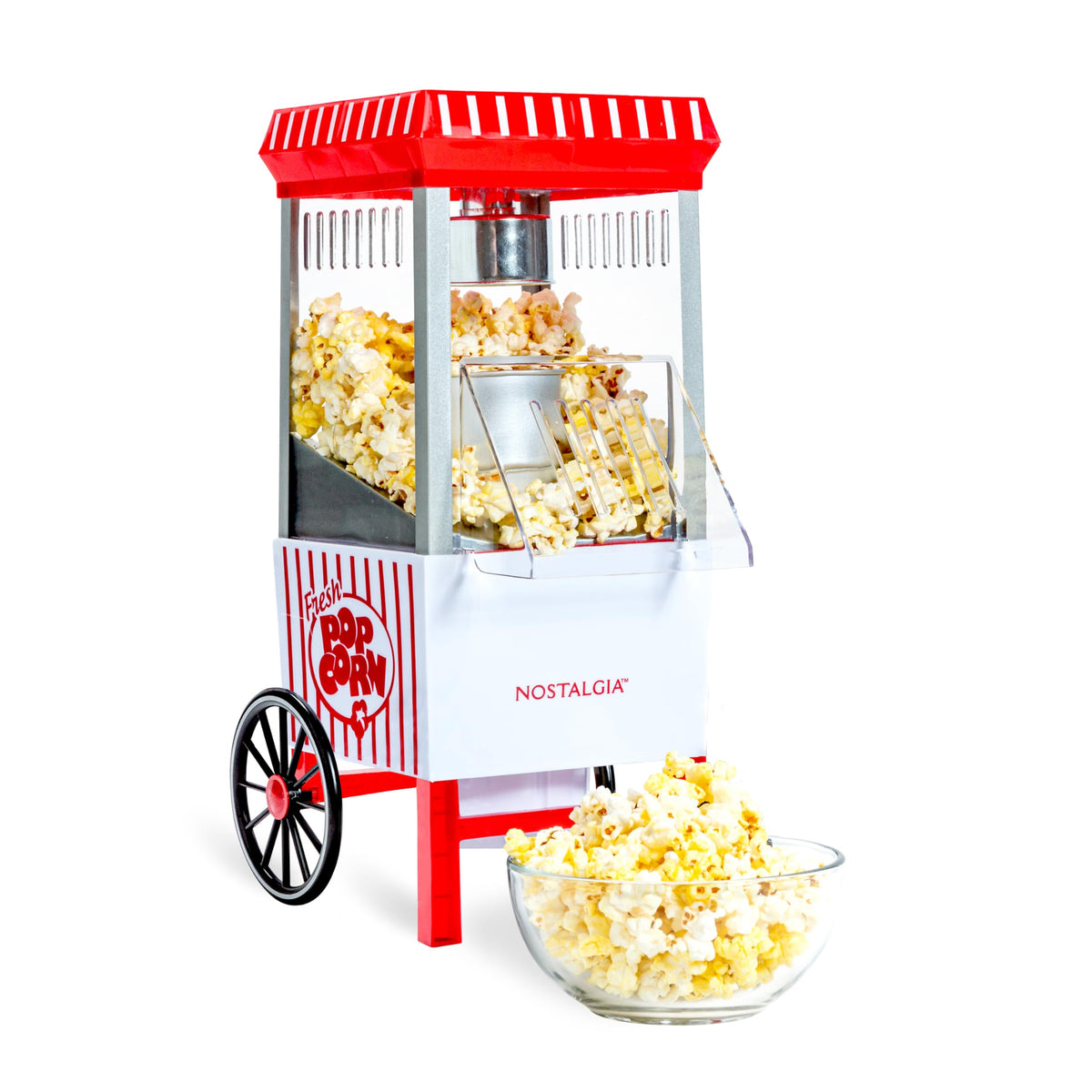 Nostalgia Vintage Hot-Air Popcorn Maker Machine - Makes Up to 12 Cups - Oil-Free - Healthier Popcorn - Classic Stand-Up Cart With Wheels - Includes Kernel Measuring Cup - White & Red