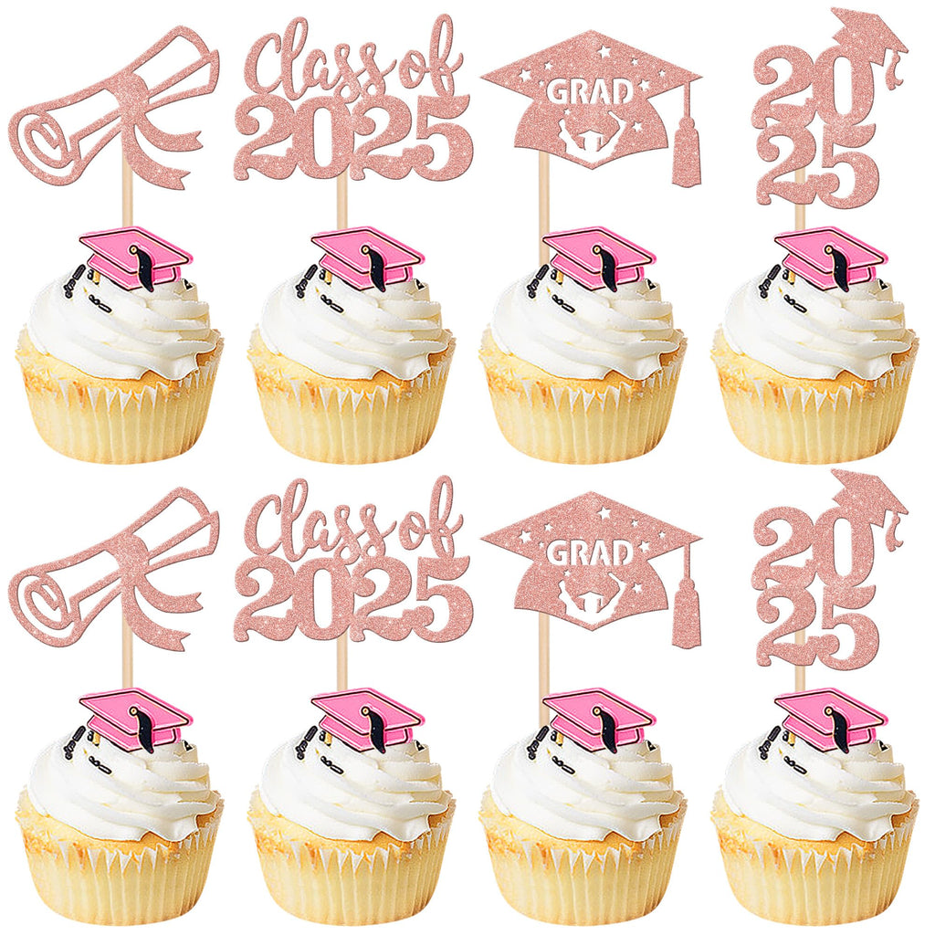 24 PCS 2025 Graduation Cupcake Toppers Glitter Diploma Congrats Grad Cap Cupcake Picks Class of 2025 Cake Decorations for 2025 Graduation Theme Party Supplies Pink