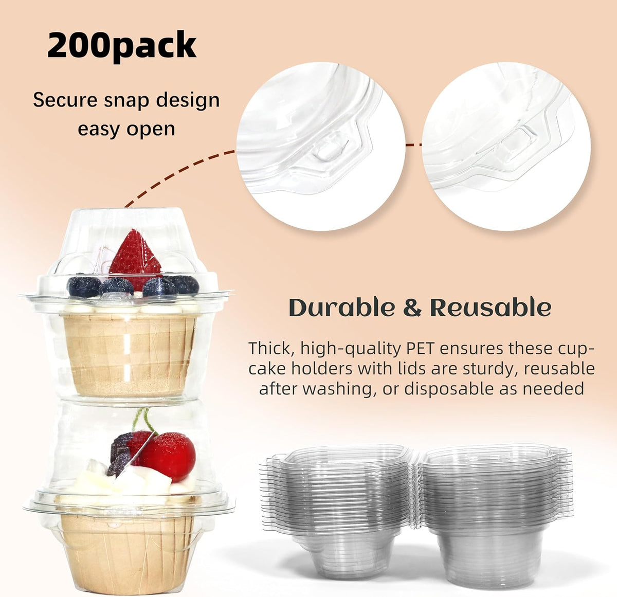 50 Pack Individual Cupcake Containers, Plastic Cupcake Boxes with Lids, Stackable and Reusable, Clear Design for Cupcakes, Muffins, Donuts, Salad Storage