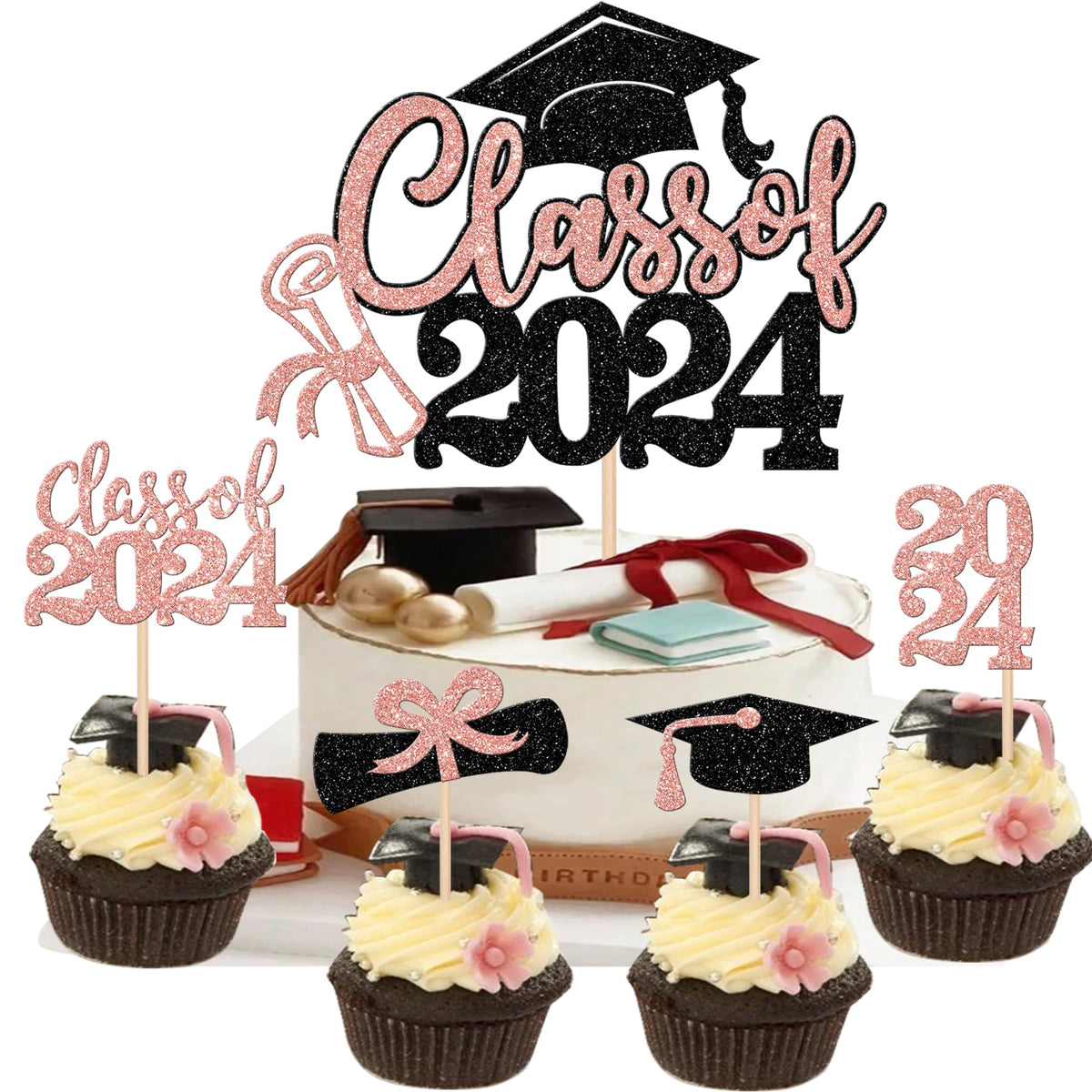 24 PCS 2025 Graduation Cupcake Toppers Glitter Diploma Congrats Grad Cap Cupcake Picks Class of 2025 Cake Decorations for 2025 Graduation Theme Party Supplies Pink