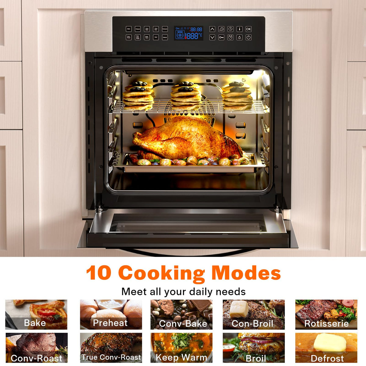Empava 24" Electric Convection Single Wall Oven 10 Cooking Functions Deluxe 360° ROTISSERIE with Sensitive Touch Control in Stainless Steel