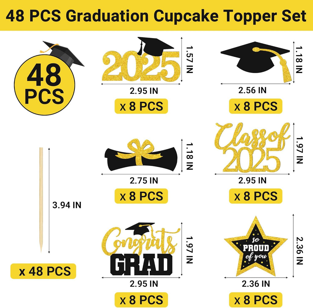 48 PCS Graduation Cupcake Toppers 2025, 6 Style Black and Gold Graduation Cake Toppers, Glitter Design Class of 2025 Toppers Grad Cupcake Picks, Disposable 2025 Graduation Decorations
