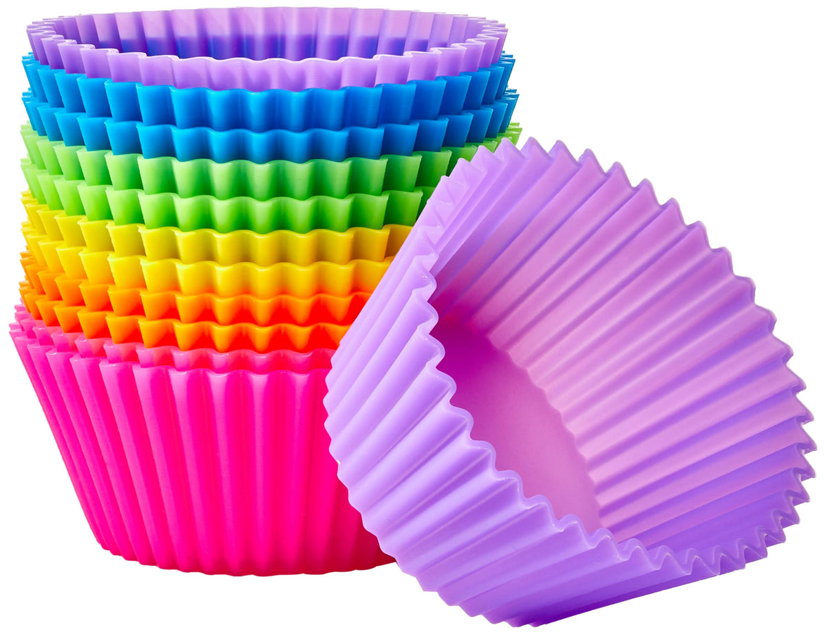 Amazon Basics Reusable Silicone Baking Cups, Non-Stick, BPA Free, Dishwasher Safe, 2.9 x 2.9 x 1.3 in (LxWxH), Multicolor, Pack of 24