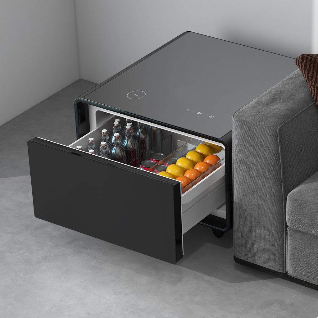 Smart Coffee Table with Fridge, Smart Coffee Table with Wireless Charging Station, Temperature Control, Power Socket, USB Ports, Outlet Protection and Induction Light, Fridge Coffee Table, Black