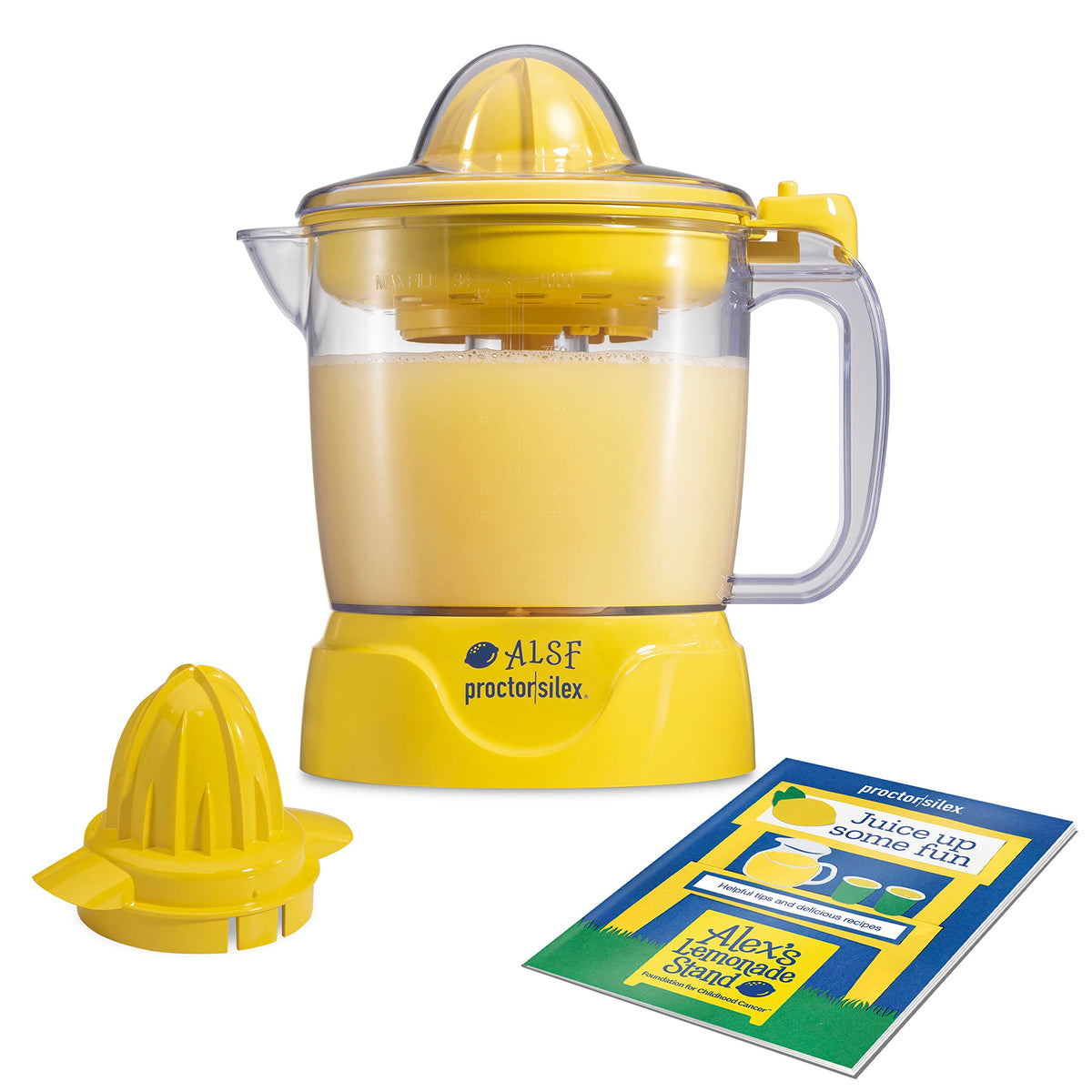 Proctor Silex Alex's Lemonade Stand Elektryczna wyciskarka do cytrusów i cytryn, limonek i pomarańczy, 34 uncje, zawiera 2 wyciskacze i książkę z przepisami, żółty (66341)