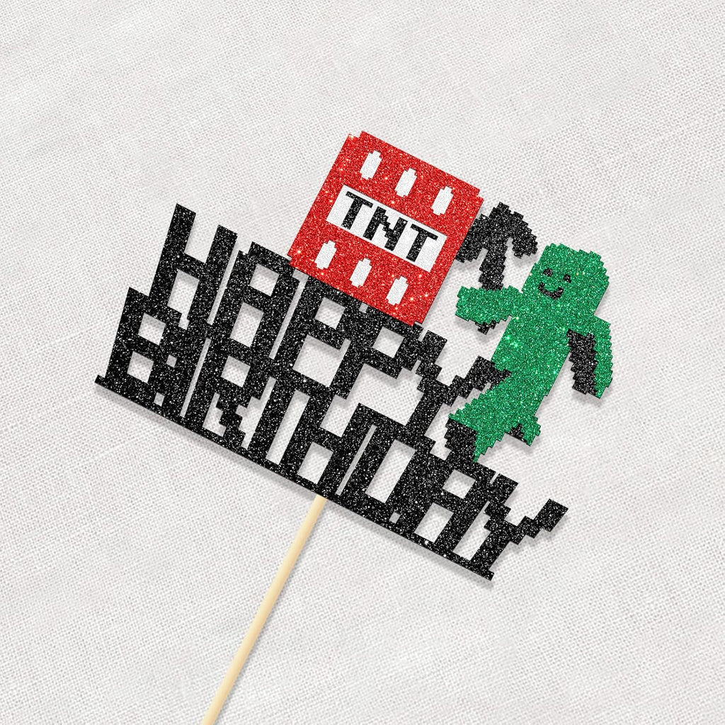 Happy Birthday Cake Topper, Pixel Style Cake Picks Decorations, Block Video Game Themed Cake Topper for Kids Boy and Girl, Black