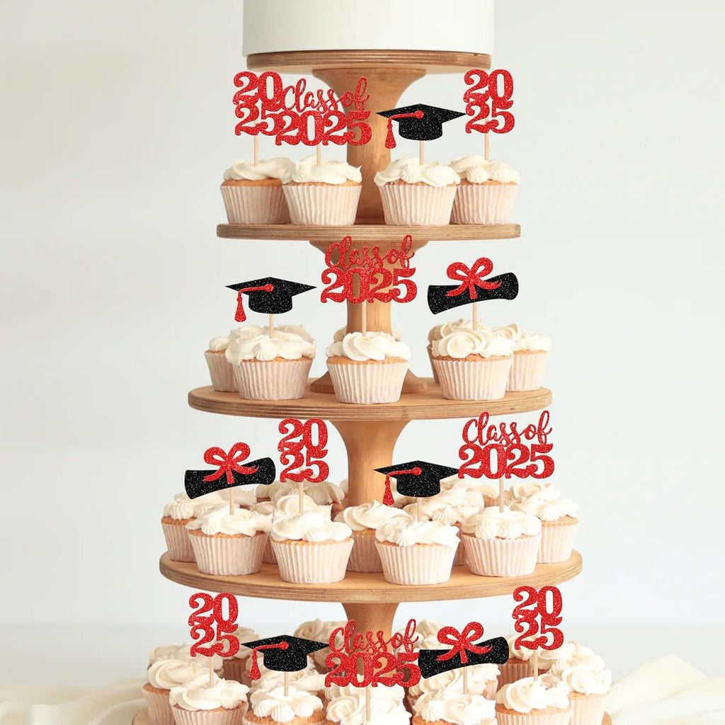 36 PCS 2023 Graduation Theme Cupcake Toppers Glitter Class of 2023 Graduation Cap Diploma Cupcake Picks Party Cake Decorations Supplies Red