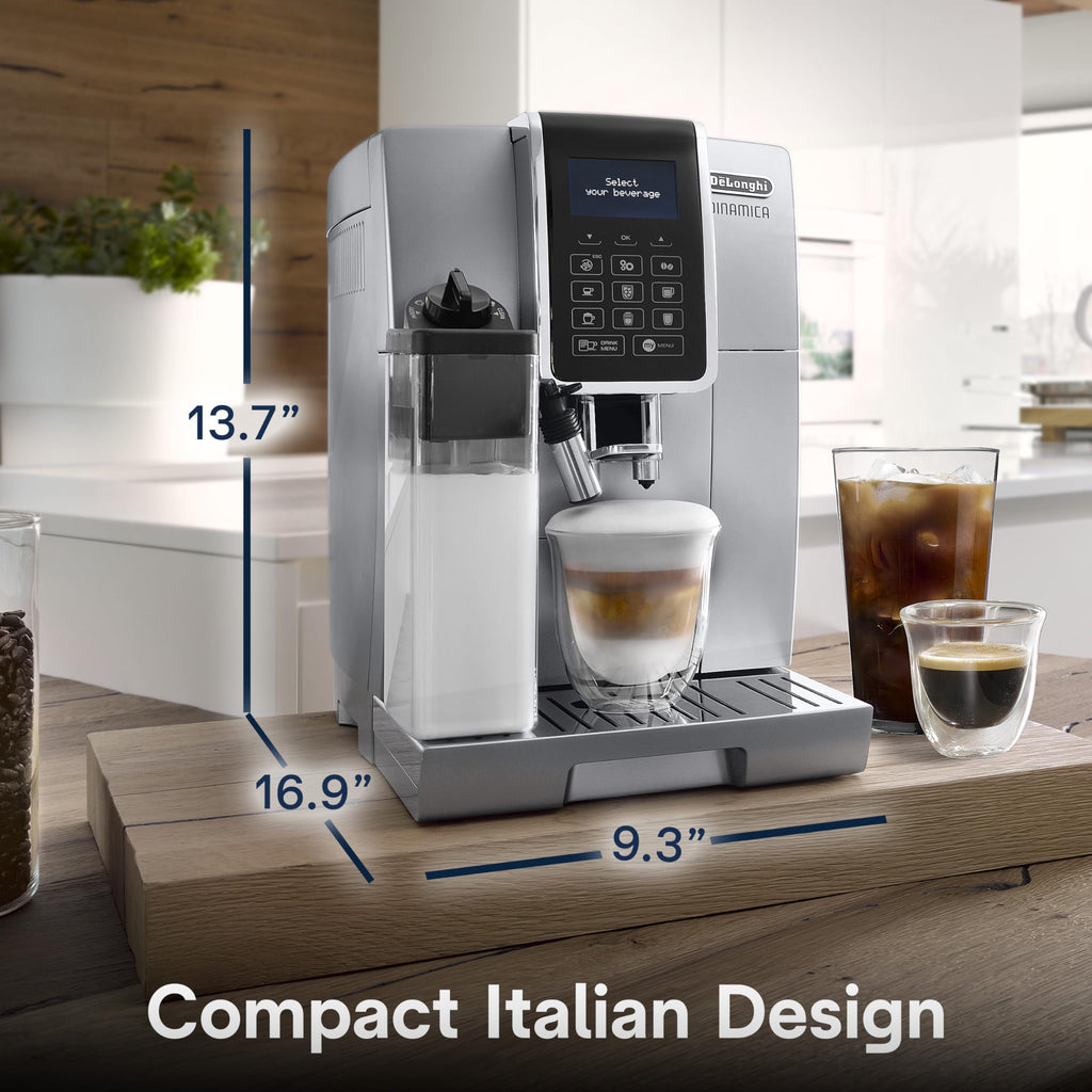 Кавоварка De'Longhi Dinamica LatteCrema з автоматичним спінювачем молока для лате, капучино, вбудованою кавомолкою, сріблястий колір, ECAM35075SI