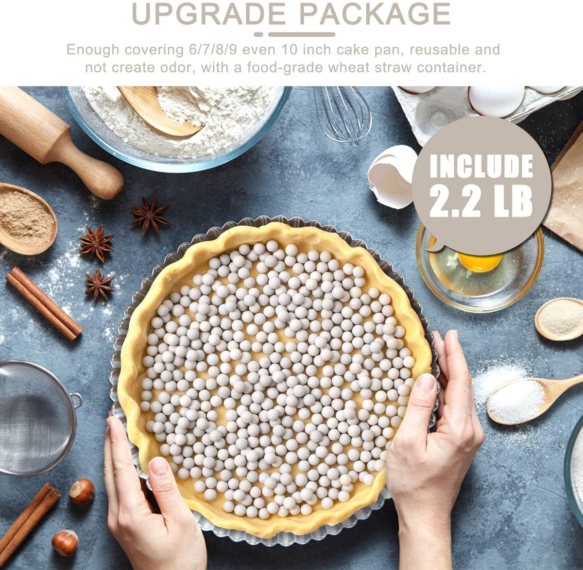 EIMMBD 2.2 LB Ceramic Pie Weights Baking Beans,10mm pie weights for Baking Blind Natural Reusable Pie Crust Weights with Wheat Straw Container (Beige)