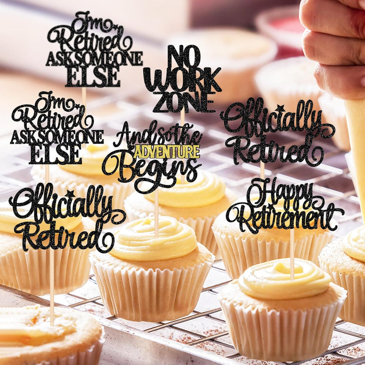 30 PCS Happy Retirement Cupcake Toppers Officially Retired No Work Zone Adventure Begins Cupcake Picks for Retirement Theme Farewell Birthday Party Cake Decorations Supplies Black