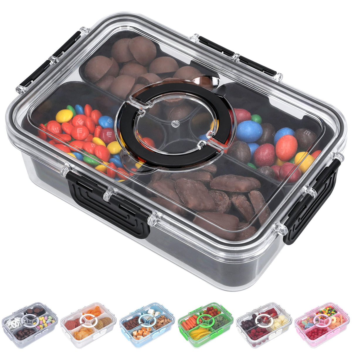 Snackle Box Container with Lid- Travel Charcuterie Box with Handle - Organizer for Candy, Fruit, Nuts, Veggies, Snacks, Beach Essentials, Portable Lunch Box (Pink, Small)