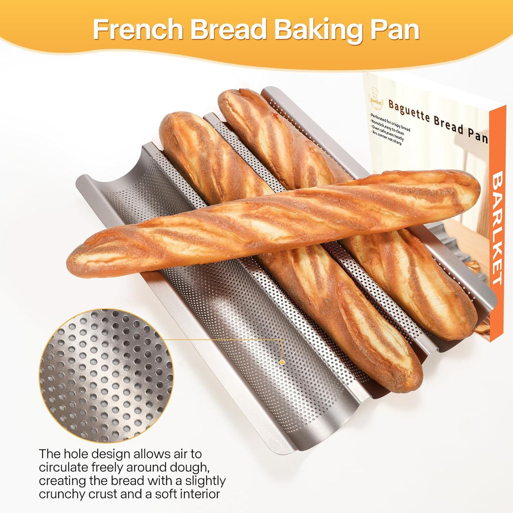 Baguette Bread Pan, Perforated French Bread Baking Pan, Nonstick 3 Loaf Bread Pans for Baking, with Baguette Kit – Includes Proofing Cloth & Dough Cutter, 15x11 Inch Gold