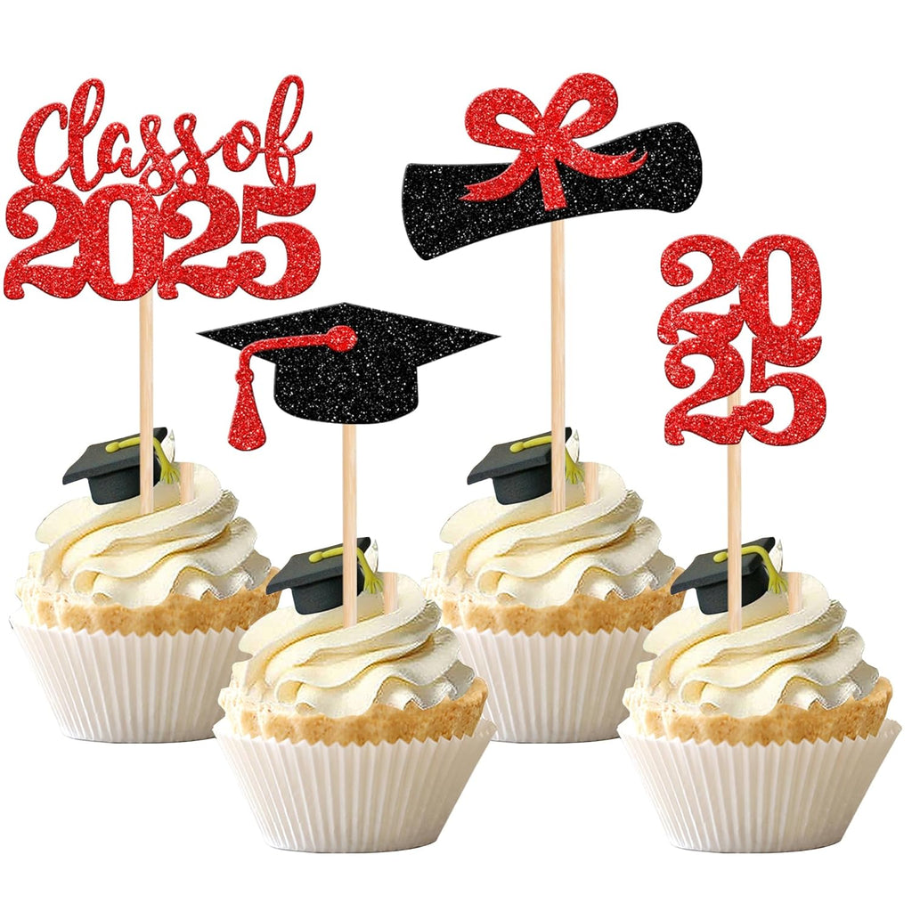 36 PCS 2023 Graduation Theme Cupcake Toppers Glitter Class of 2023 Graduation Cap Diploma Cupcake Picks Party Cake Decorations Supplies Red