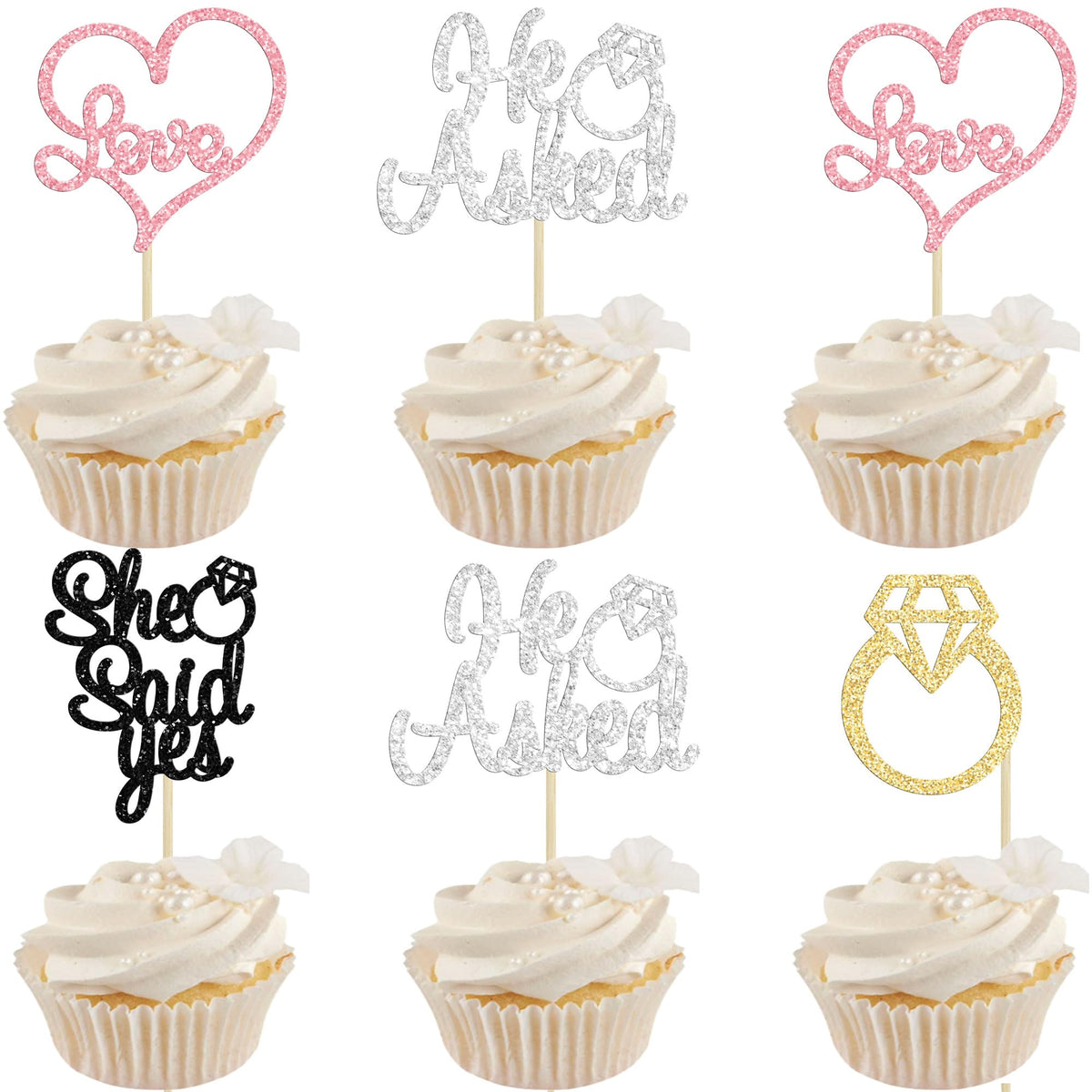 Gyufise He Asked She Said Yes Cupcake Toppers Gold Glitter Diamond Ring Heart Love Cake Picks for Wedding Engagement Party Cake Decorations 24 Pack