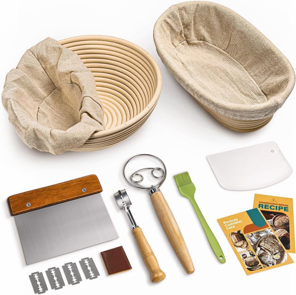 RORECAY Bread Banneton Proofing Basket Set, 9 Inch Round & 10 Inch Oval Cane Sourdough Baskets with Dough Whisk Bread Lame Dough Scraper Bowl Scraper Silicone Brush Sourdough Bread Baking Supplies
