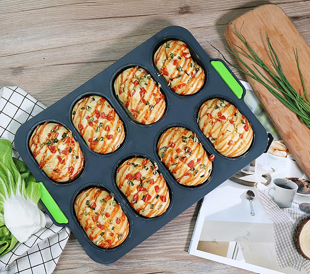 TOPZEA Set of 2 Silicone Baguette Pan, Nonstick French Bread Bake Mold, 8 Gutter Perforated Ham Burger Buns Sandwich Rolls Pans, 3 Wave Long Loaf Toast Mold Baking Tray for Oven Baker