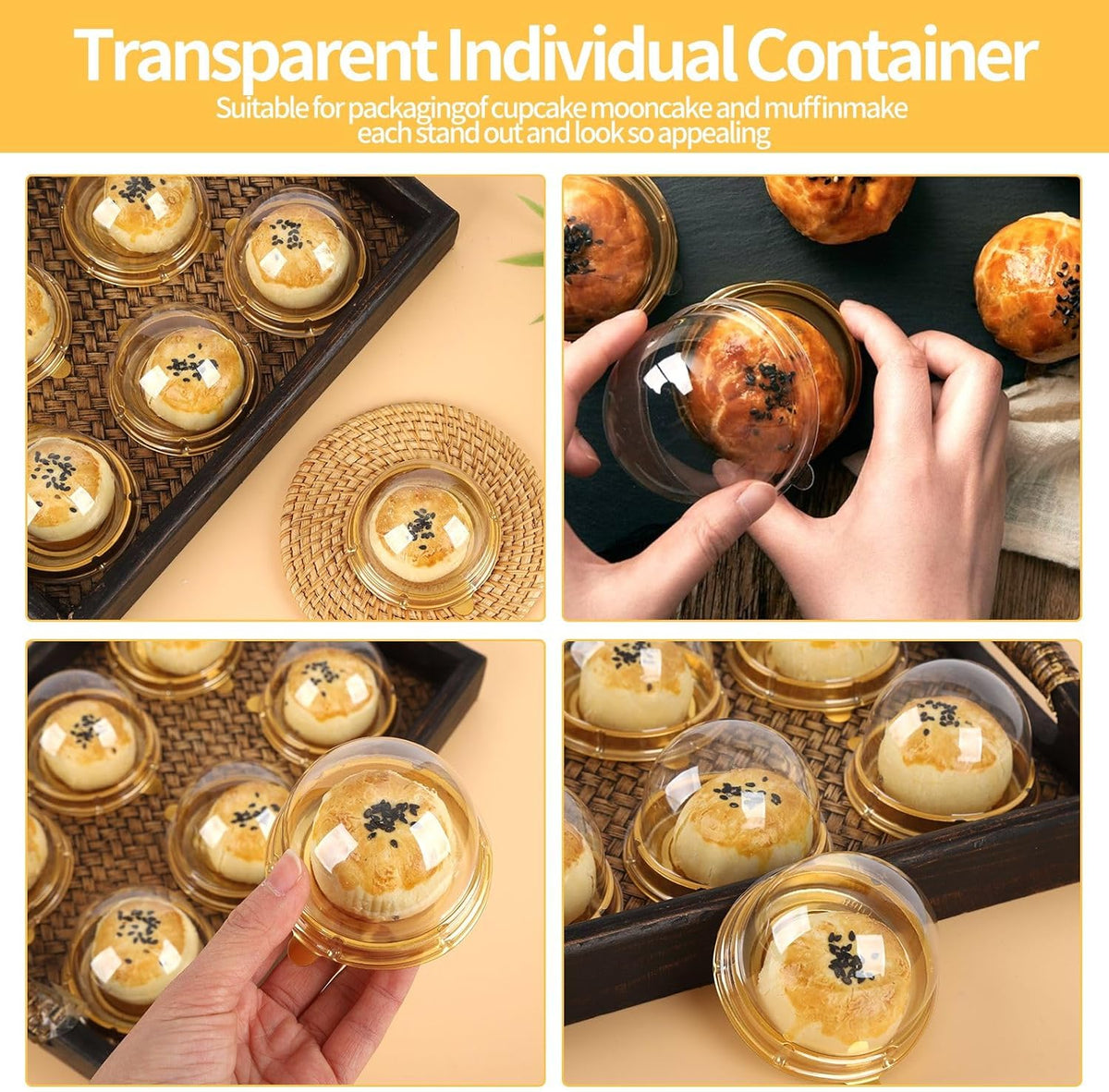 Hewnda 50 Pack 2 Inch Clear plastic mini cake box muffins box cookies cookies muffins dome box wedding birthday gift box(Gold)