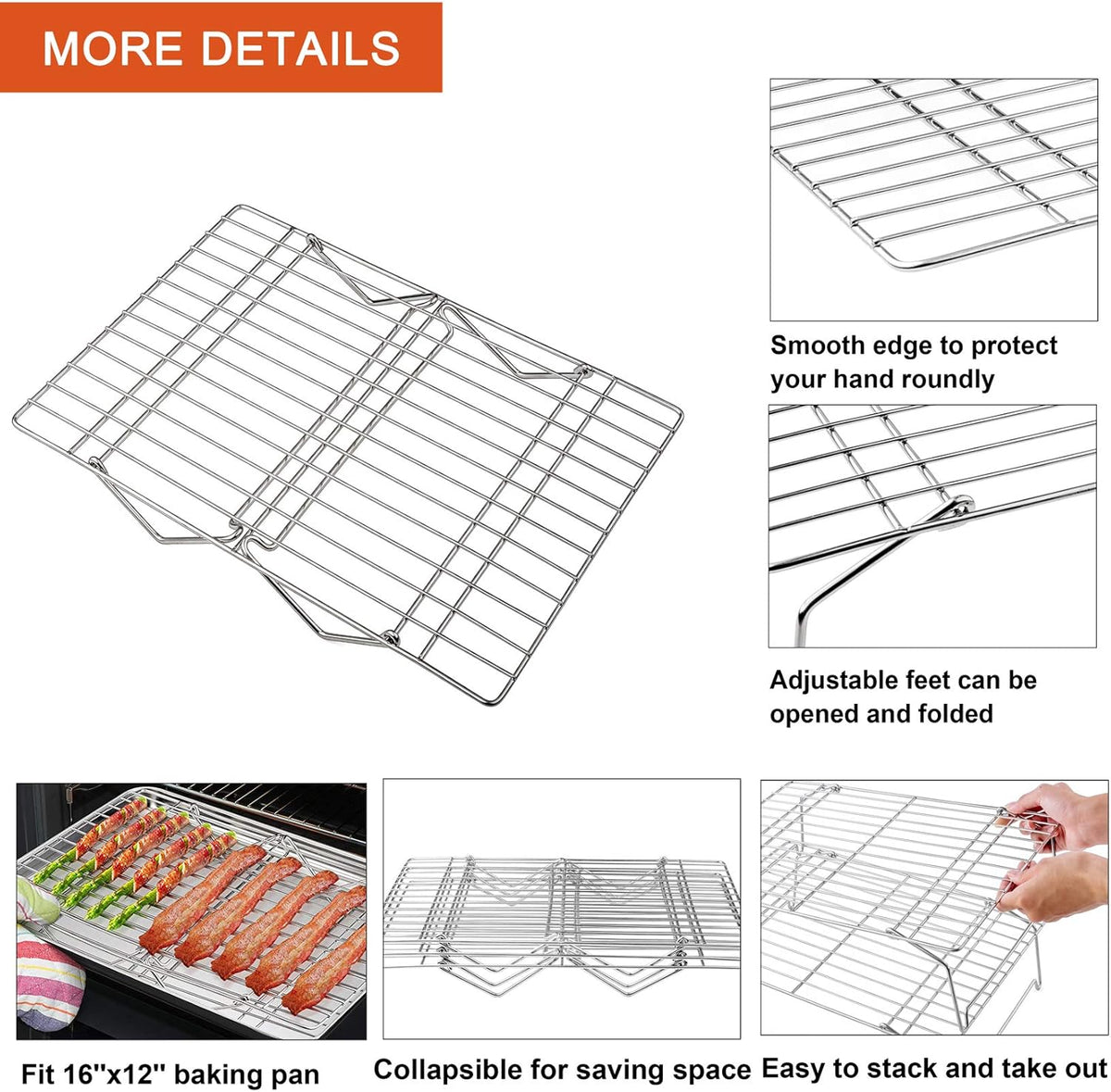 P&P CHEF Cooling Rack, 5-Tier Stainless Steel Stackable Baking Cooking Racks for Cooling Roasting Grilling, Collapsible & Heavy Duty, Oven Safe & Easy Clean, 15" x 10", Silver