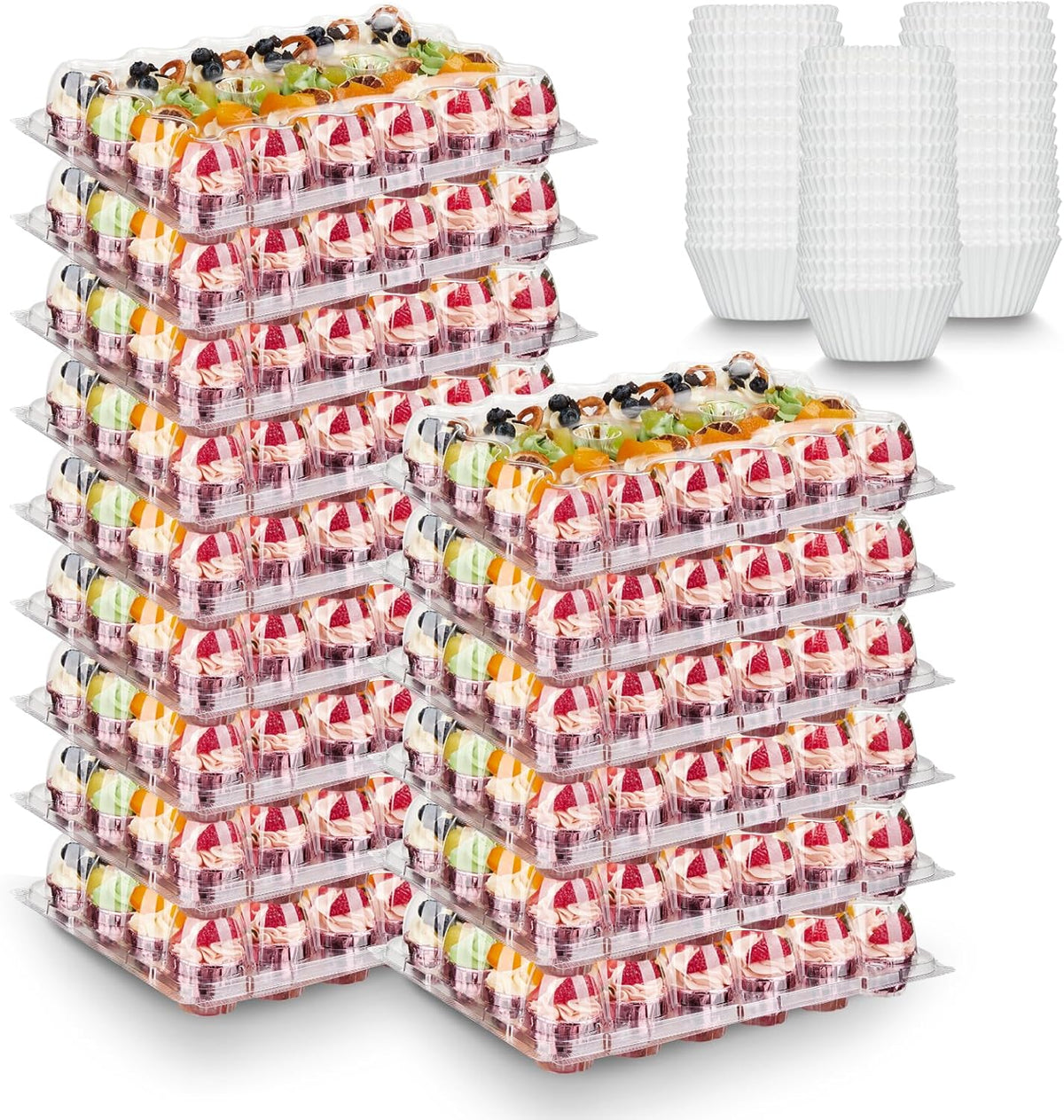 (24 Pack x 15 Sets) Mini Cupcake Containers with 375 Pack Cupcakes Liners, Plastic Cupcake Holder, Stackable Mini Cupcake Boxes Carrier, Clear Disposable Cupcake Trays, High Dome - MINI SIZE