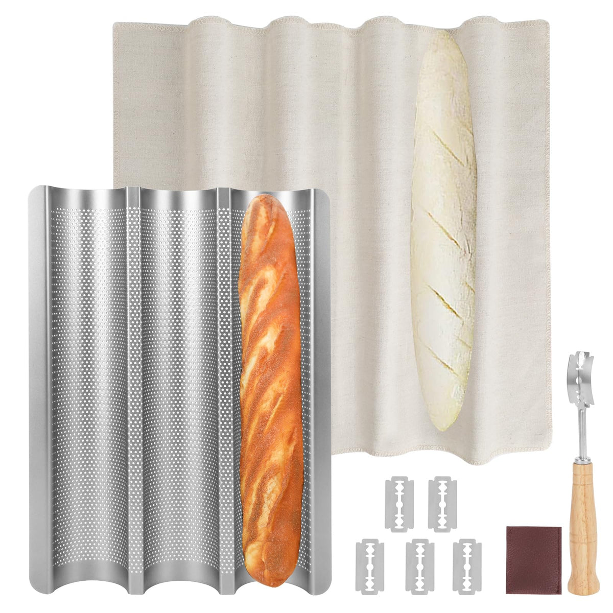 Baguette Bread Pan, Perforated French Bread Baking Pan, Nonstick 3 Loaf Bread Pans for Baking, with Baguette Kit – Includes Proofing Cloth & Dough Cutter, 15x11 Inch Gold