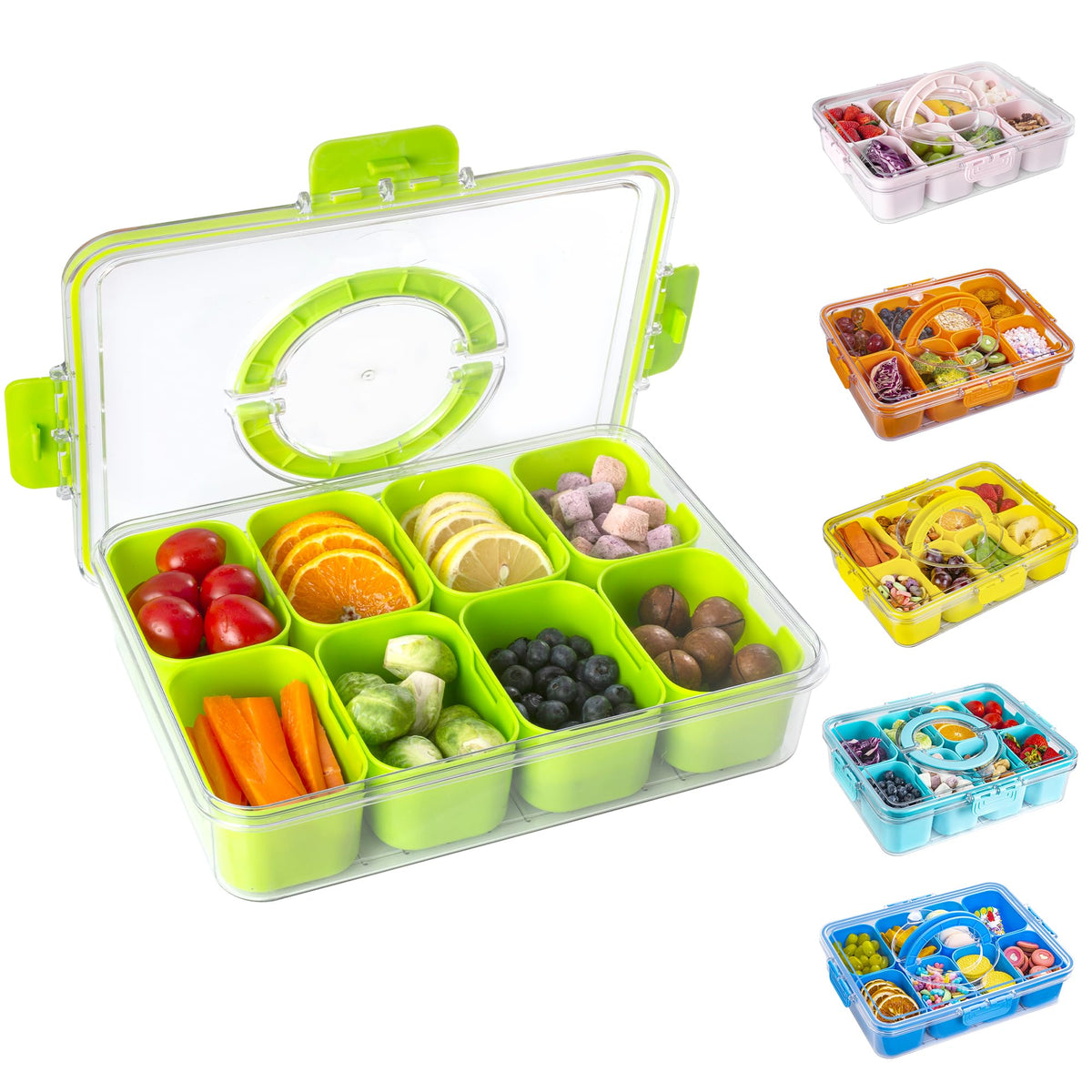 Divided Snack Serving Tray with Lid and Handle Travel Snackle Charcuterie Container Portable Storage Organizer for Candy, Fruits, Nuts, Snacks, Party, Picnic (1pack, Lake blue)