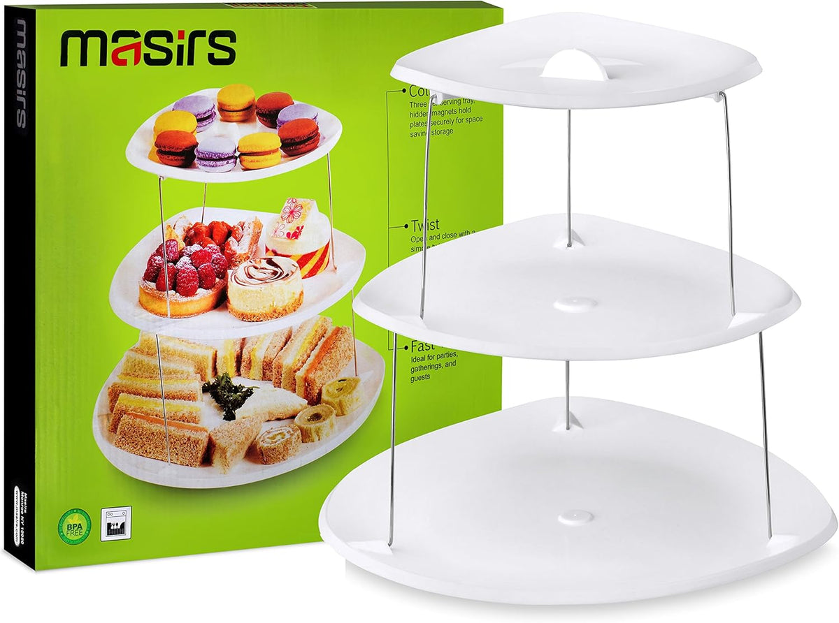 Masirs Collapsible 3-Tier Party Tray: Decorative Design Folds for Minimal Storage. an Elegant Serving Tray for Sandwiches, Cake, Sliced Cheese, and Deli Meat.