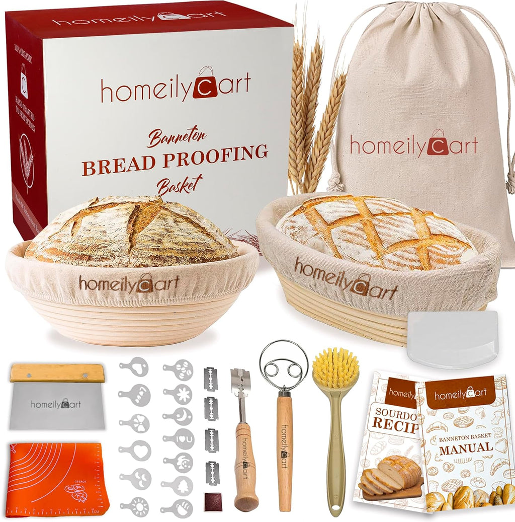Banneton Bread Proofing Basket Set of 2-9" Round & 10" Oval - Rattan Sourdough Proofing Baskets and Sourdough Bread Baking Supplies for home bakers.