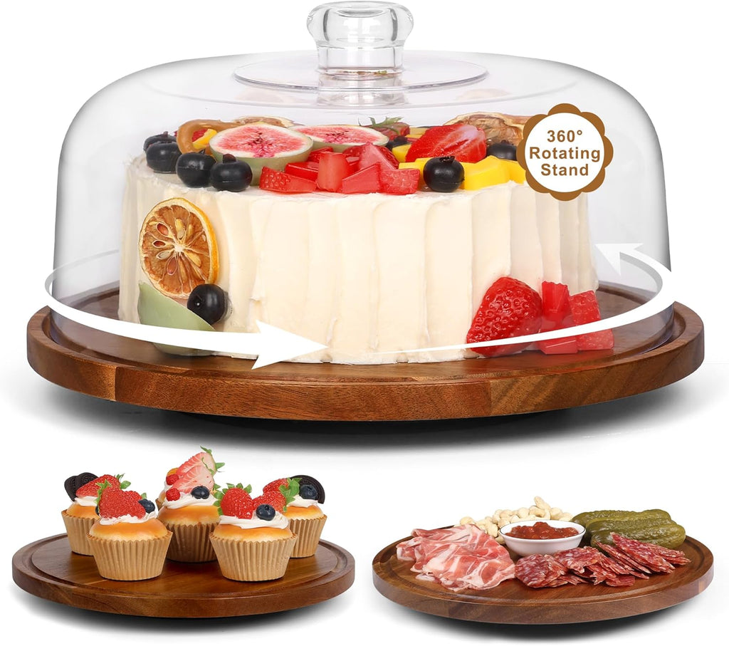 Bellsal Cake Stand with Dome Lid, 12in Acacia Wood Cake Plate with Cover, Wooden Cake Display Stand with Acrylic Dome, Cake Decorating for Baking Gifts, Birthday Kitchen Party, Weddings