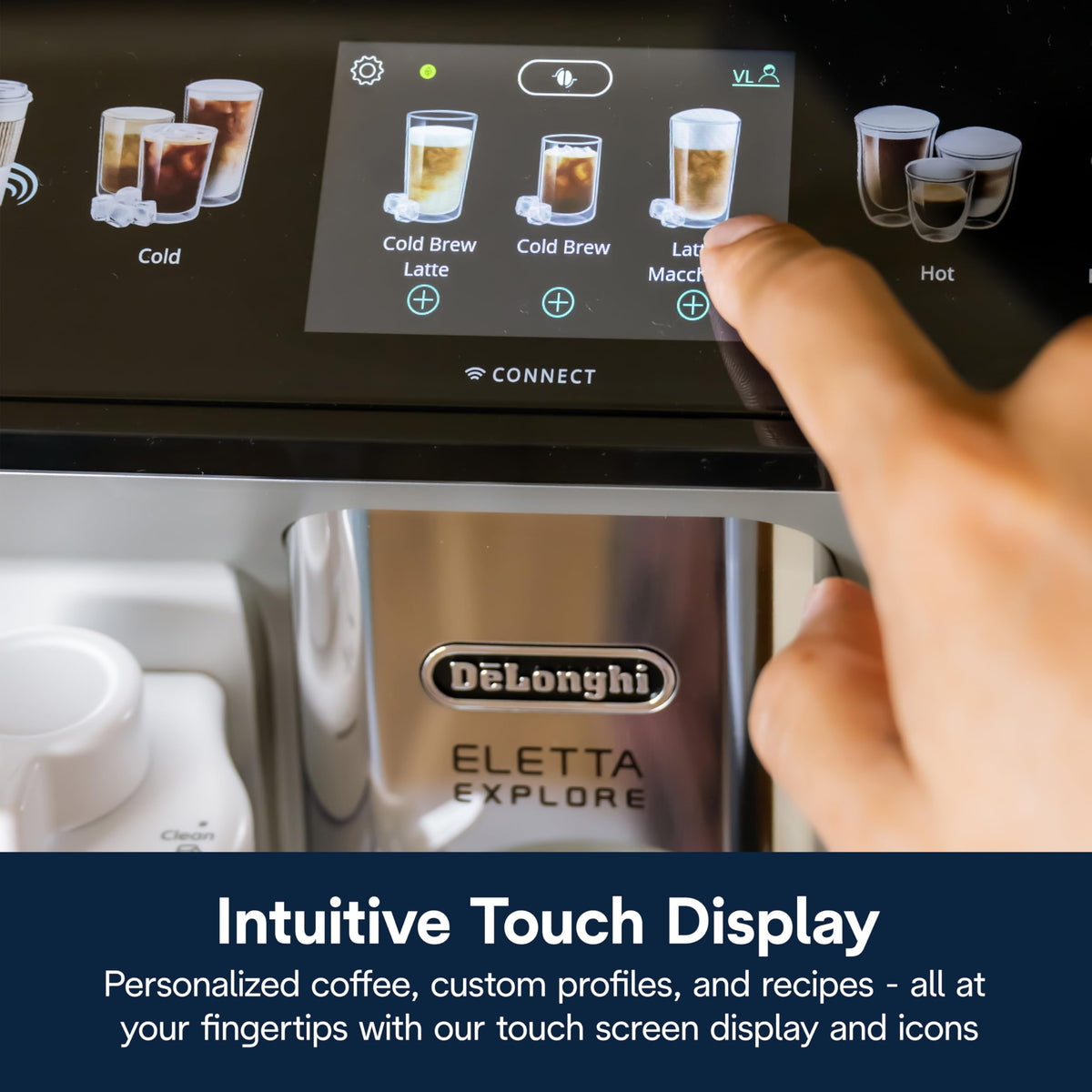 Ekspres do kawy De'Longhi Eletta Explore z funkcją Cold Brew, automatycznym spieniaczem do mleka na gorąco i na zimno, umożliwiającym przygotowanie ponad 50 przepisów za jednym dotknięciem, wbudowanym młynkiem, ECAM45086S