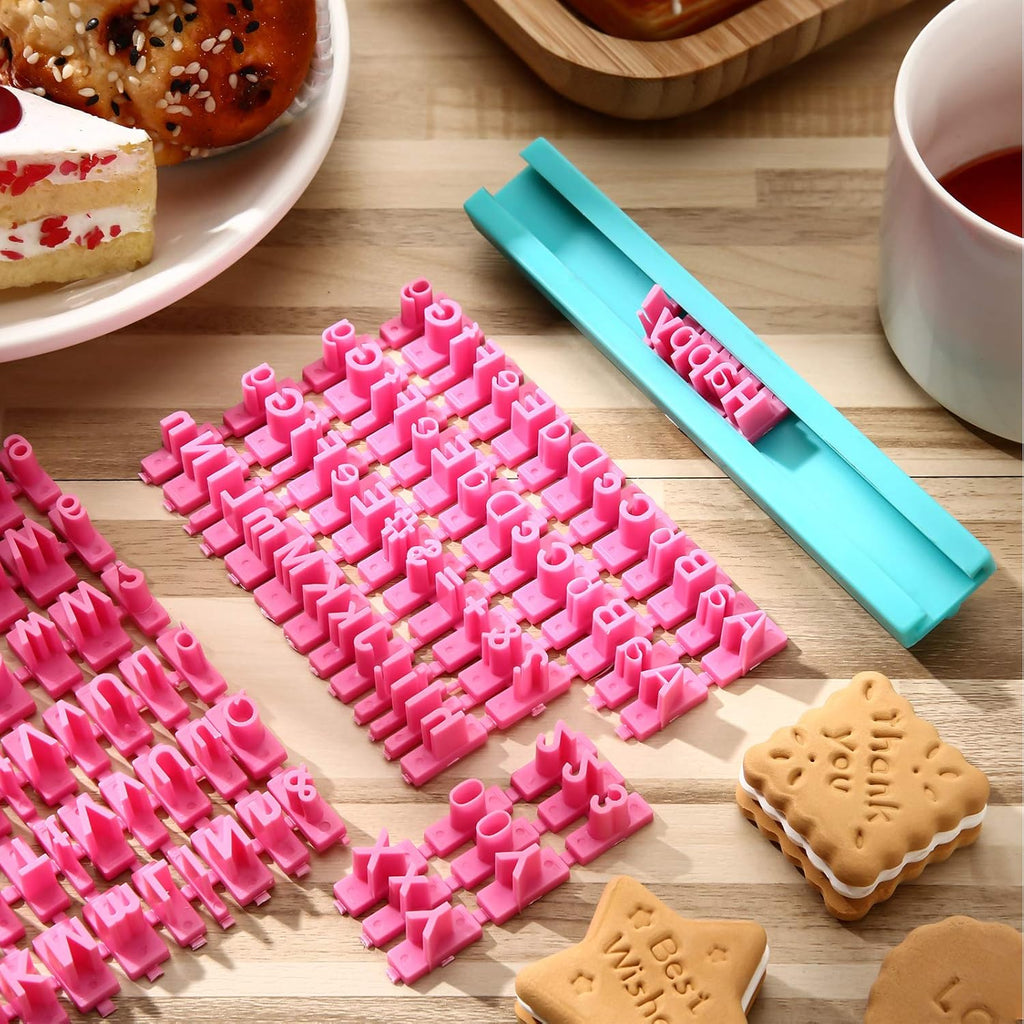 225 Pcs Alphabet Number Punctuation Cookie Letter Biscuit Stamp Cookie Letters Stamp Set Including alphabet Lower and Upper Case for biscuit decor Embosser Cutter Fondant DIY Tool(Yellow, Pink)