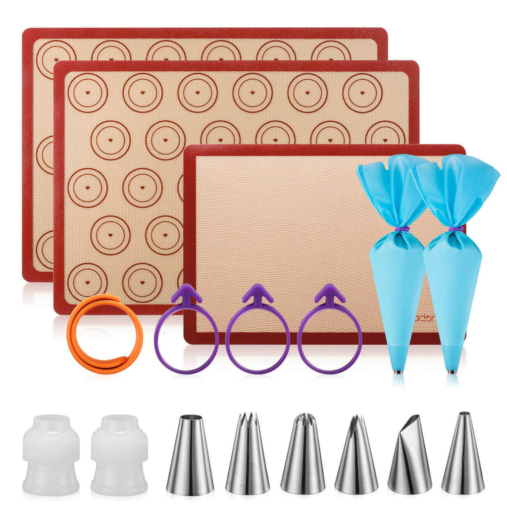 Angadona Macaron Silicone Baking Mats Kit (16pcs set) Macaroon Baking Mat Set of 2 Half Sheet Macaron Silicone Mat Nonstick Macaron Mat Sheet,6 Piping Tip,2 Piping Bag with 3 Bag Tie,2 coupler