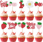 30 PCS Sweet One Strawberry Cupcake Toppers Glitter Sweet Berry 1st Birthday Cupcake Picks Strawberry Birthday Decorations for Baby Shower Kids First Birthday Party Cake Decorations Supplies