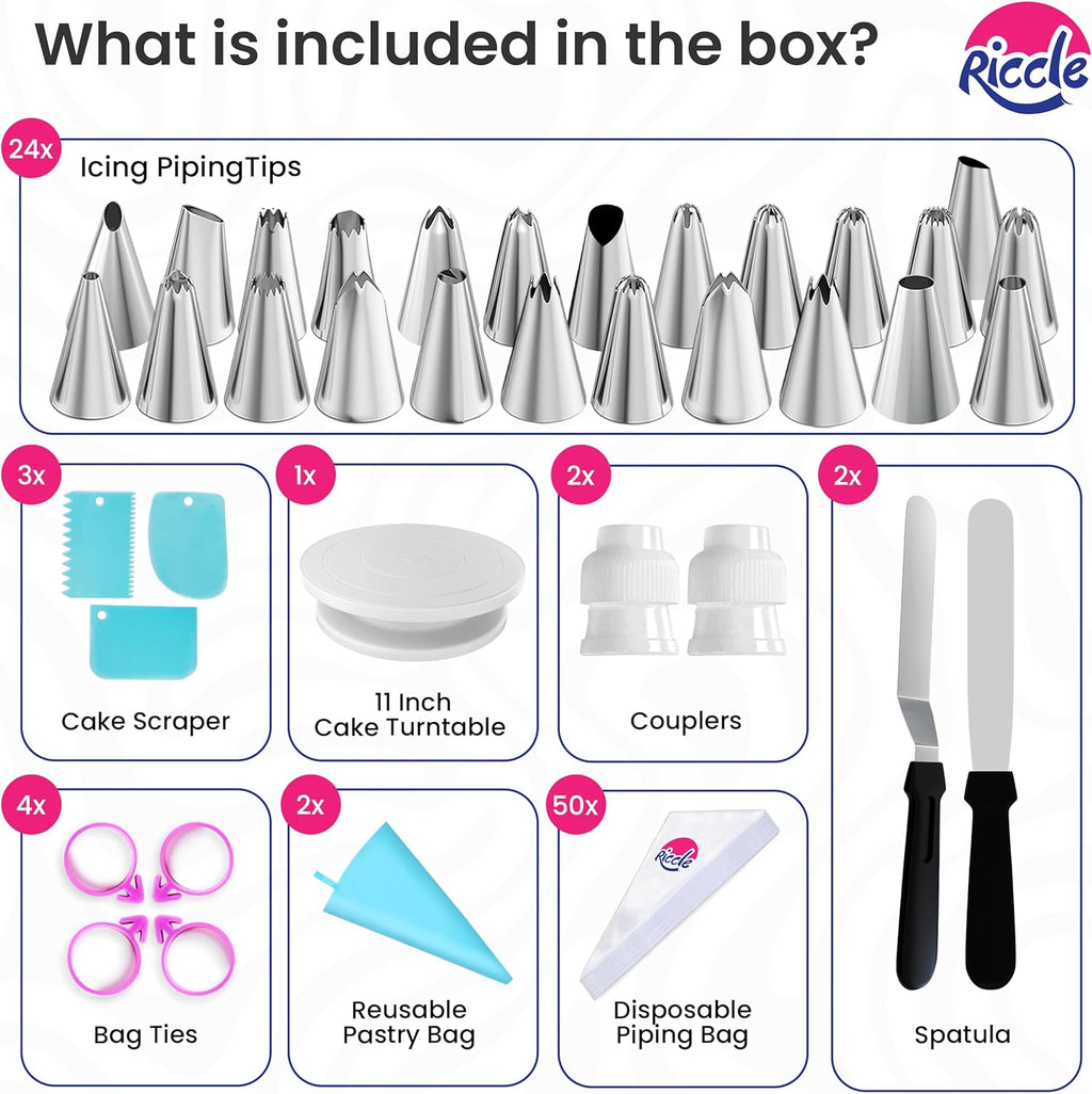Riccle 88 pcs Cake Decorating Kit with Cake Turntable - Includes 50 Disposable + 2 Reusable Piping Bags and Tips Set, 24 Icing Piping Tips, 2 Spatulas, 3 Icing Comb Scraper, Baking Supplies