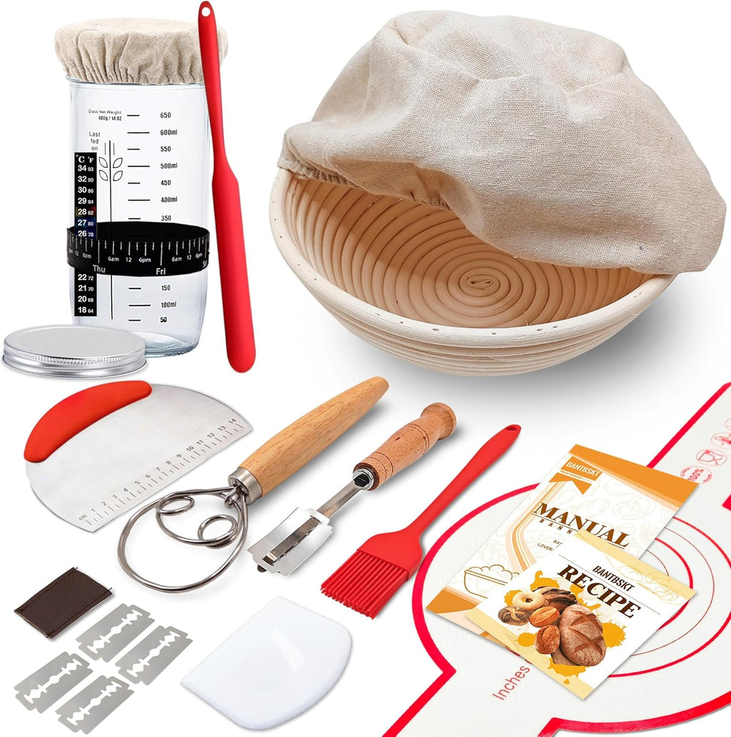 Complete Sourdough Starter Kit, Banneton Bread Proofing Basket with Glass Sourdough Starter Jar, Sourdough Bread Baking Supplies, 9'' Round Bread Proofing Basket, Sourdough Starter for Bread Making Baking Fermentation