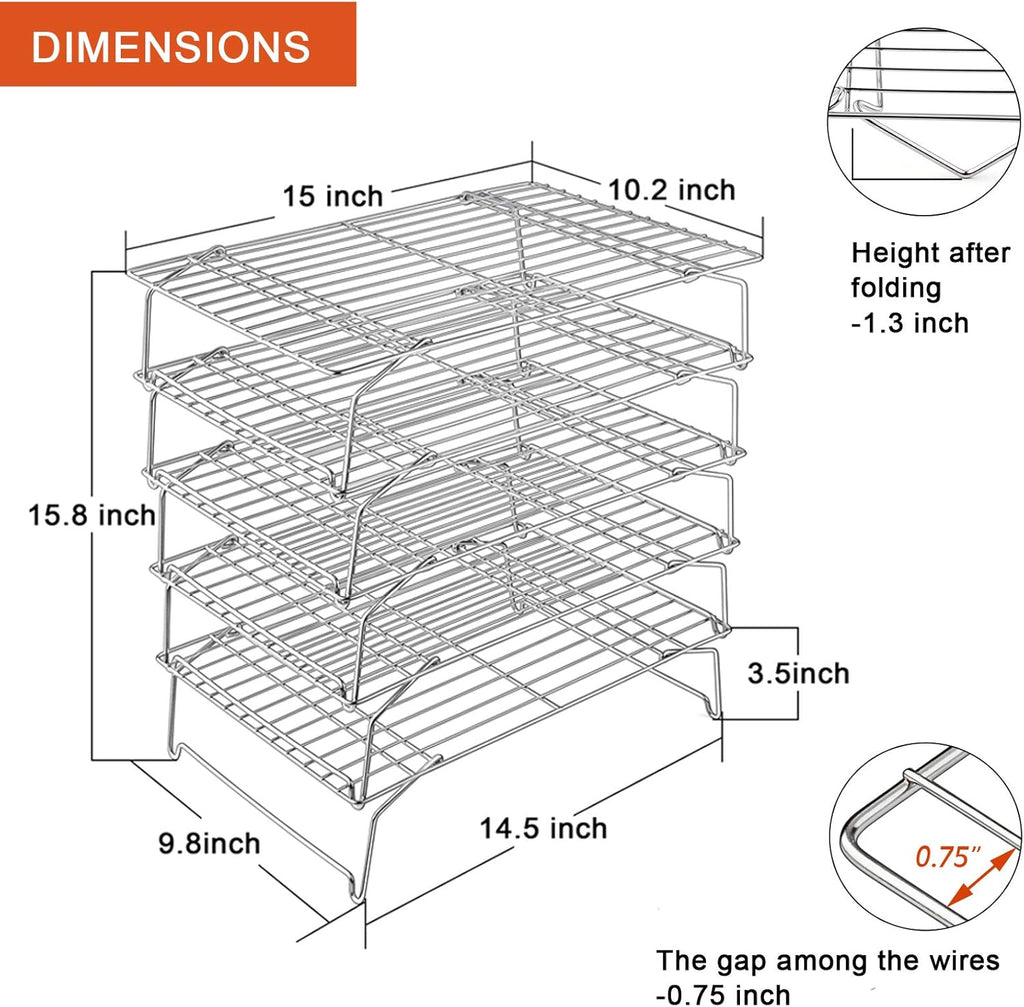 P&P CHEF Cooling Rack, 5-Tier Stainless Steel Stackable Baking Cooking Racks for Cooling Roasting Grilling, Collapsible & Heavy Duty, Oven Safe & Easy Clean, 15" x 10", Silver