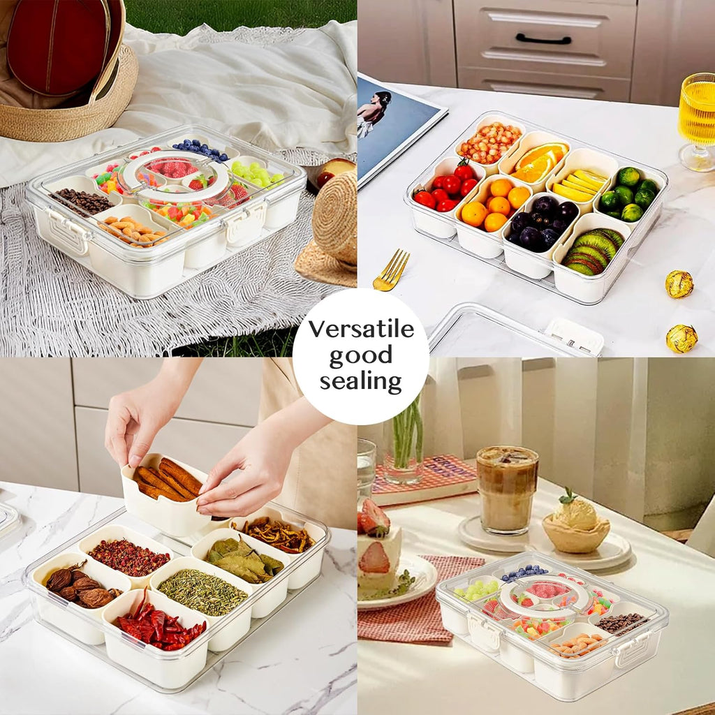 Snackle Box Container,Portable Snack Box 8 Compartment Divided Serving Tray with Lid and Handle,Clear Storage Organizer for Fruit Candy Nuts Veggie-Perfect for Road Travel Party（1 Pack）