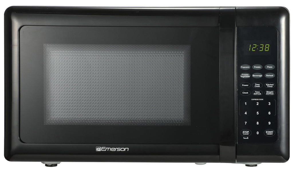 Компактна настільна мікрохвильова піч Emerson MW7302B із сенсорним керуванням, світлодіодним дисплеєм, 700 Вт, 10 рівнів потужності, 6 автоматичних меню, скляним поворотним столом та блокуванням від дітей, 0,7 куб. фута, чорного кольору