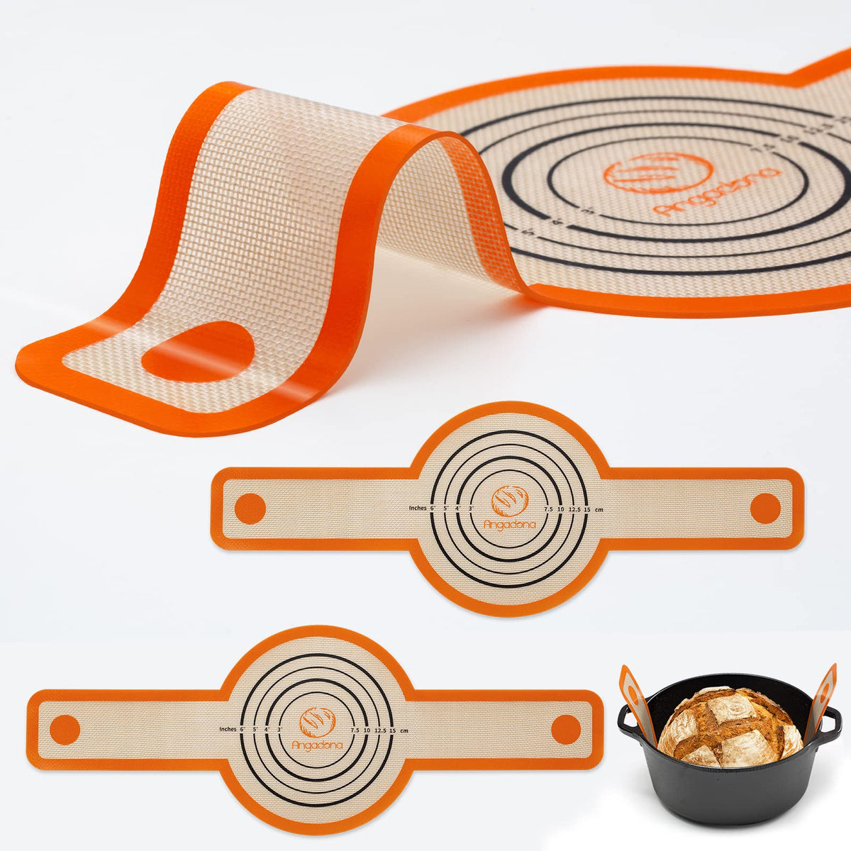 Silicone Bread Sling Dutch Oven - Best Japan Silicone Non-Stick & Easy Clean Reusable Baking Mat With Extra Long Handles, 2 Grey Set for Transferable Dough