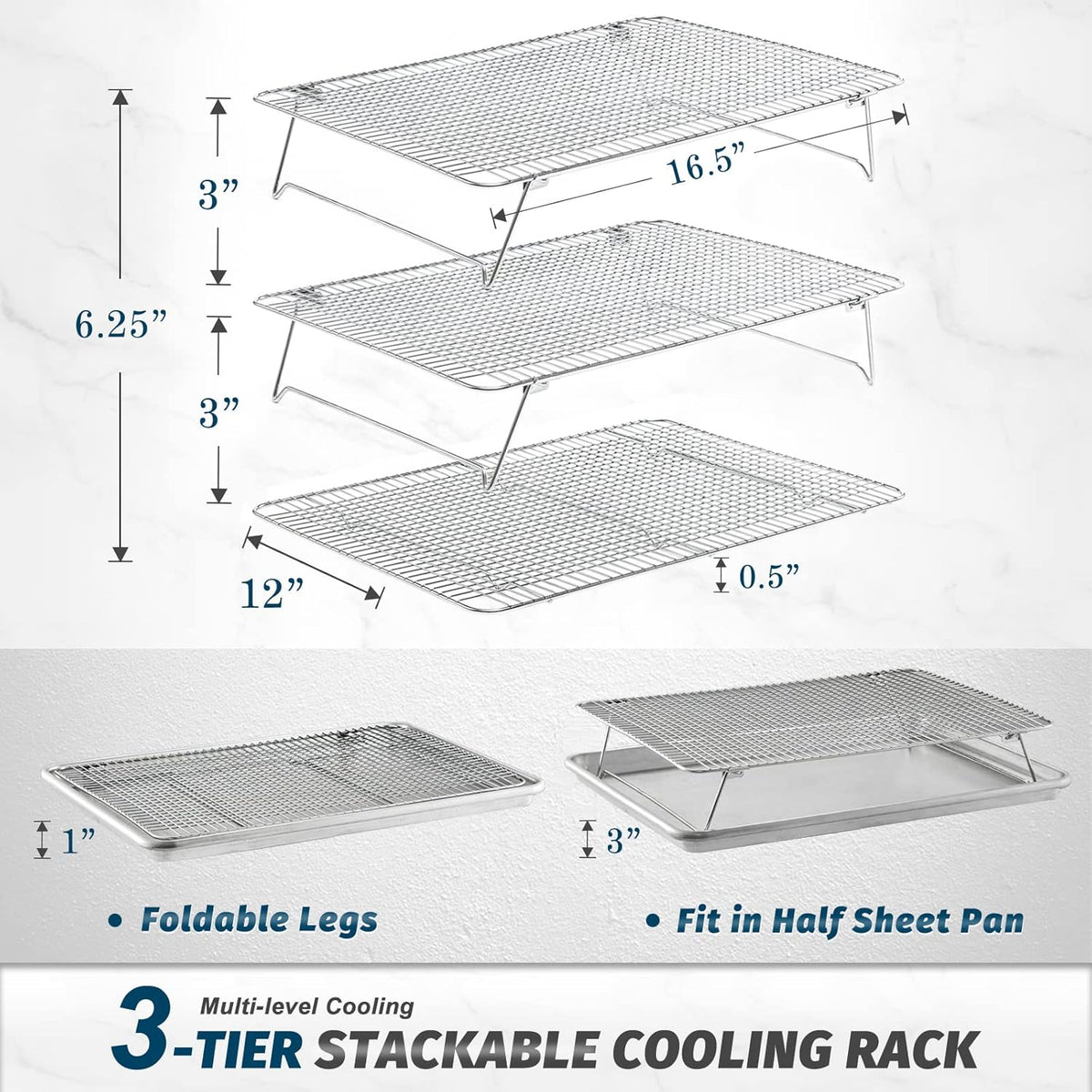 Hiware Stainless Steel Stackable Cooling Rack for Baking, 3 Tier 12”x 16.5”,Oven & Dishwasher Salf and Fit Half Sheet,Wire Cooling Racks for Cookie, Pizza, Cake