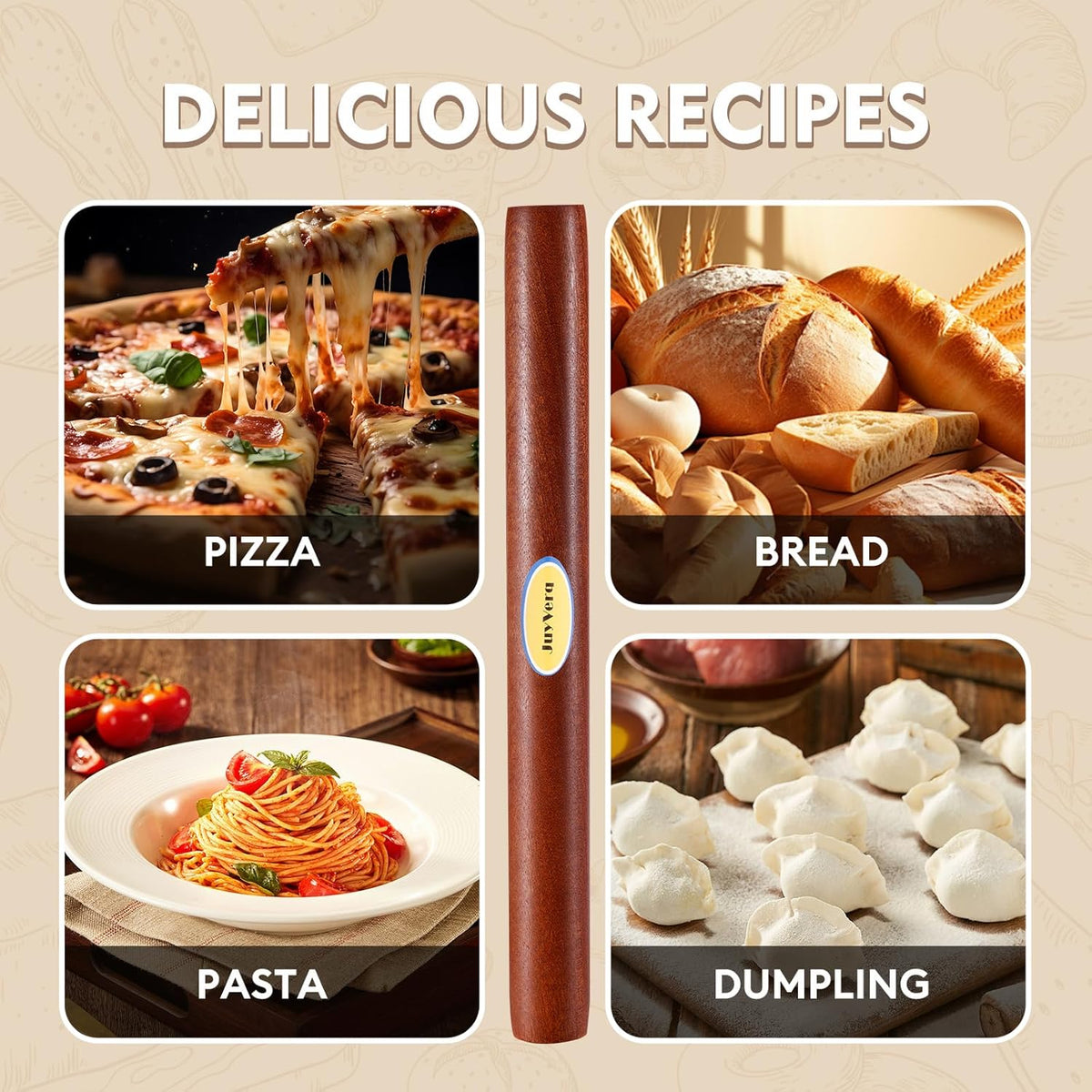 Wood Rolling Pin (15.75 Inches), Non-Stick Rolling Pin for Baking, Natural Sapele Wood Dough Roller for Pizza, Fondant, Pie, Cookie, Pastry, Essential Kitchen Tool