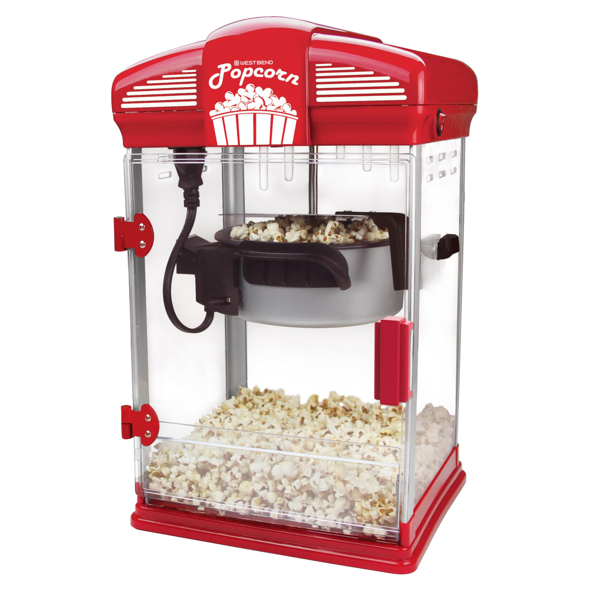 West Bend Stir Crazy Movie Theater Popcorn Popper z nieprzywierającym czajnikiem do popcornu, narzędziem pomiarowym i łyżką do popcornu do maszyny do popcornu Gourmet, 4 Qt., czerwony