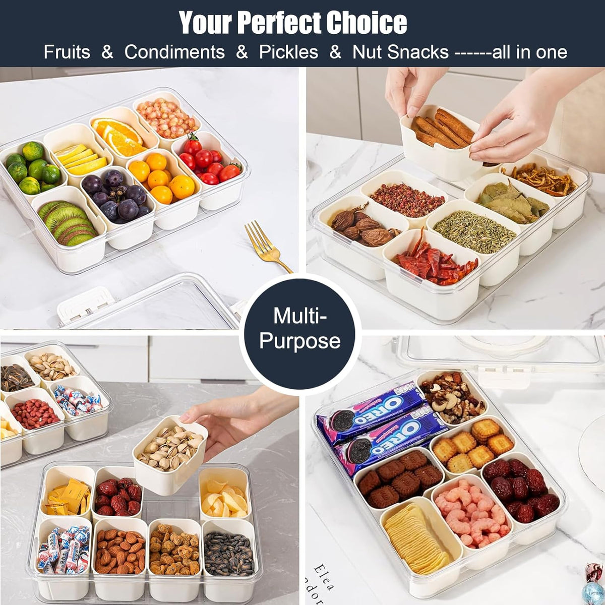 Divided Serving Tray with Lid and Handle,Portable Snackle Box Charcuterie Container,Snack tray Storage Organizer with lid,Snack Platters for Fruit, Nuts, Candy, Entertaining, Party, Picnic,Travel