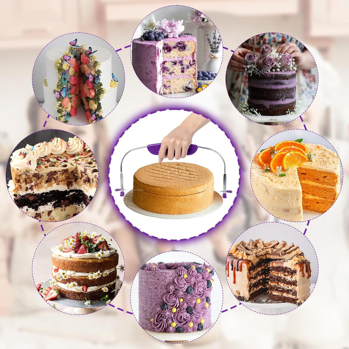 Adjustable Cake Leveler Cutter, Baking Supplies Tool for Kitchen, Professional Large Size Cake Cutter Slicer for Leveling, Single Stainless Steel Wire and Plastic Handle (Purple, 1pc)