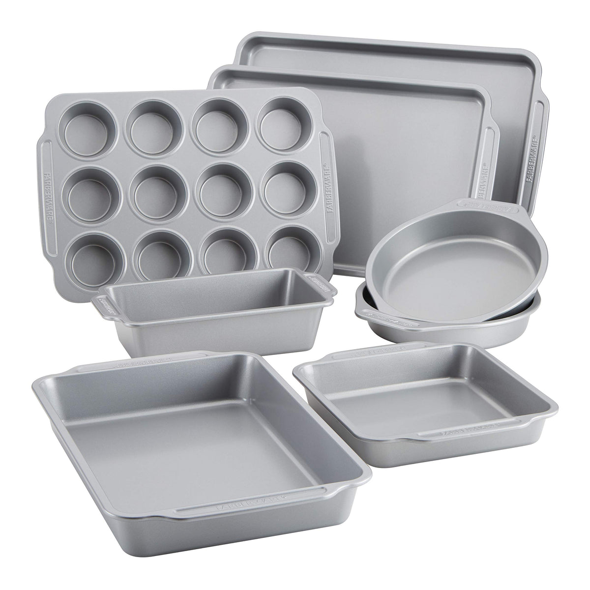 Farberware Nonstick Steel Bakeware Set with Cooling Rack, Baking Pan and Cookie Sheet Set with Nonstick Bread Pan and Cooling Grid, 10-Piece Set, Gray