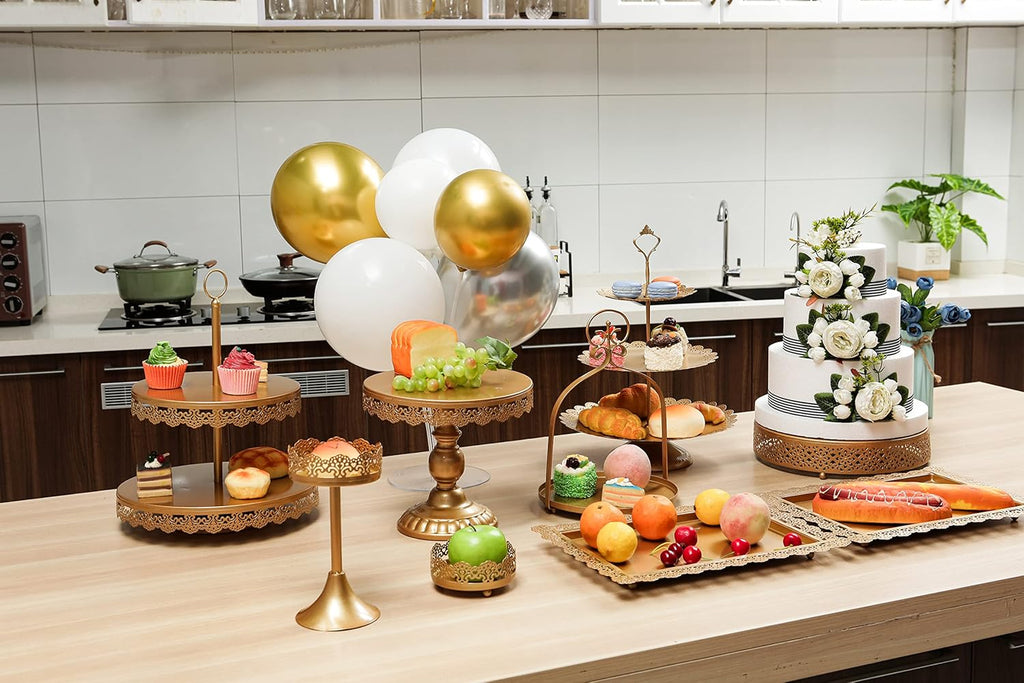 ZUMELER 9Pcs Metal Cake Stands Round Cake Stands Candy Fruite Display Plate Cupcake Serving Tower for Wedding Brithday Party Celebration Home Decoration,gold