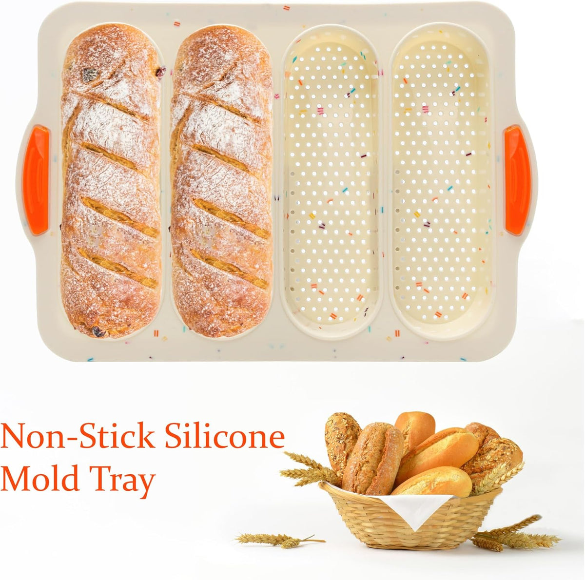 French Bread Hoagie Sub Roll Baking Pans 4-slot, Non Stick Silicone Mould Mold Tray for Sandwich Baguette Hot Dog Bun Loaf Food, Mini Tool Set for Restaurant Homemade Household Breakfast Dinner-Beige