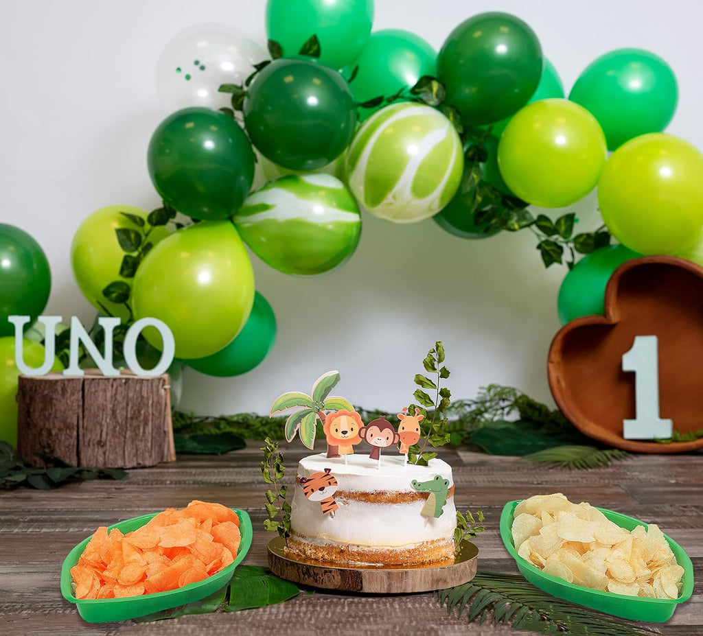 4E's Novelty Palm Leaf Party Serving Tray Plastic - Luau Candy Snack Tray Food Holder, Buffet Plates for Jungle Safari Hawaiian Party Supplies Dinosaur Table Centerpiece Decoration - Pack of 12