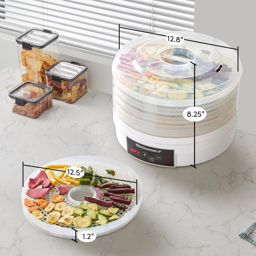 Цифрова дегідраторка для харчових продуктів Elite Gourmet EFD770WD з 5 лотками 12,5 дюйма без бісфенолу А, регульованим 48-годинним таймером та температурою від 95 до 158°F, для в'яленого м'яса, трав, фруктів, овочів, сухих снеків, білого кольору